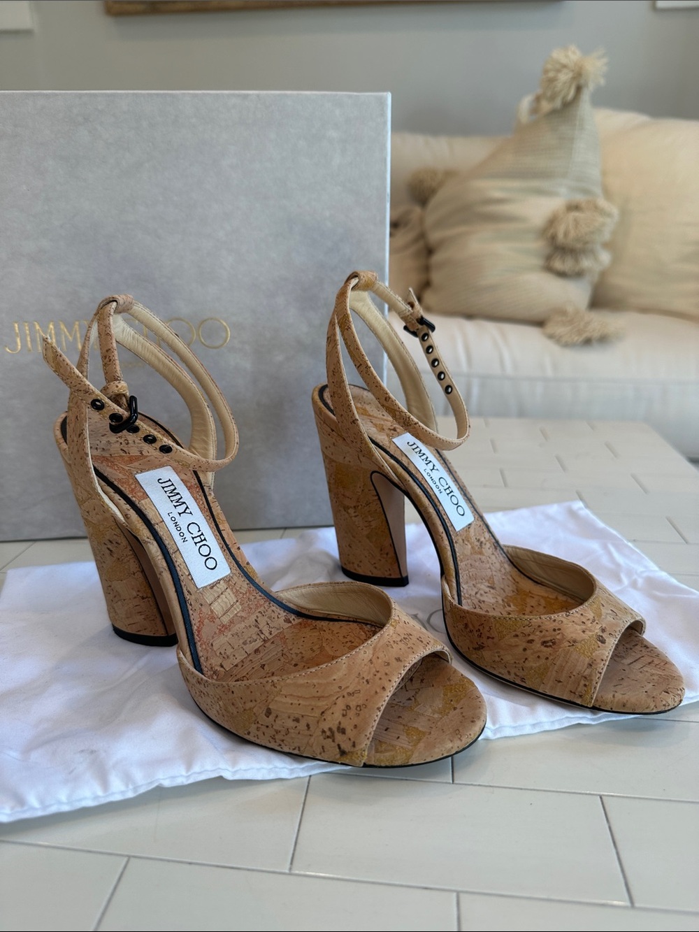 JIMMY CHOO Miranda Cork Stack Heel Sandal (Sz 36/ 5.5 US)
